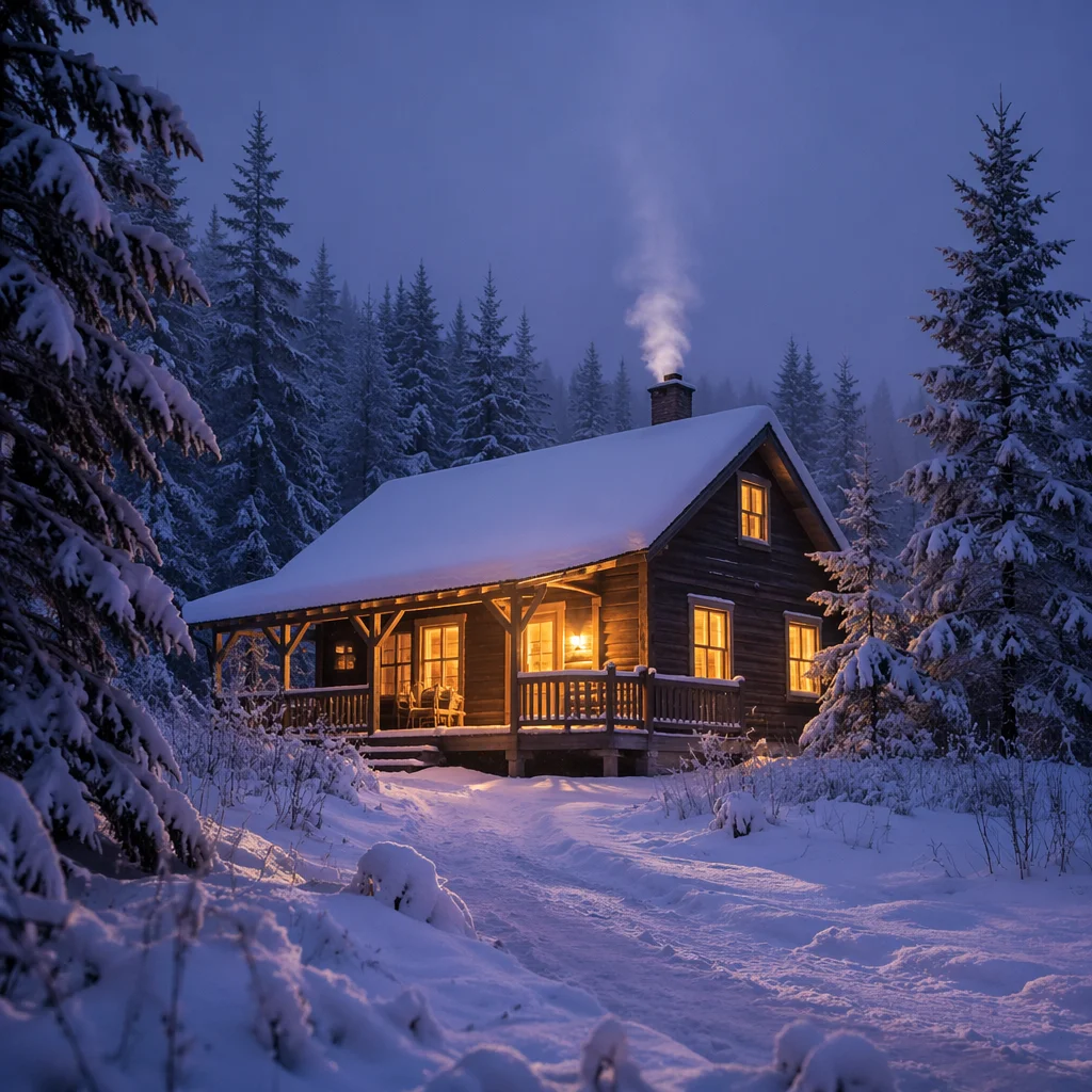 Cozy Snow Covered Cabin at Blue Hour