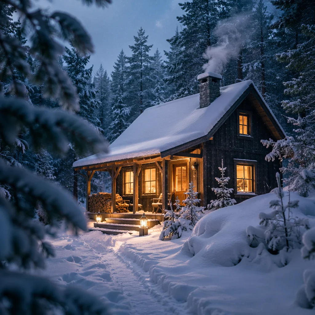 Cozy Snow Covered Cabin at Blue Hour