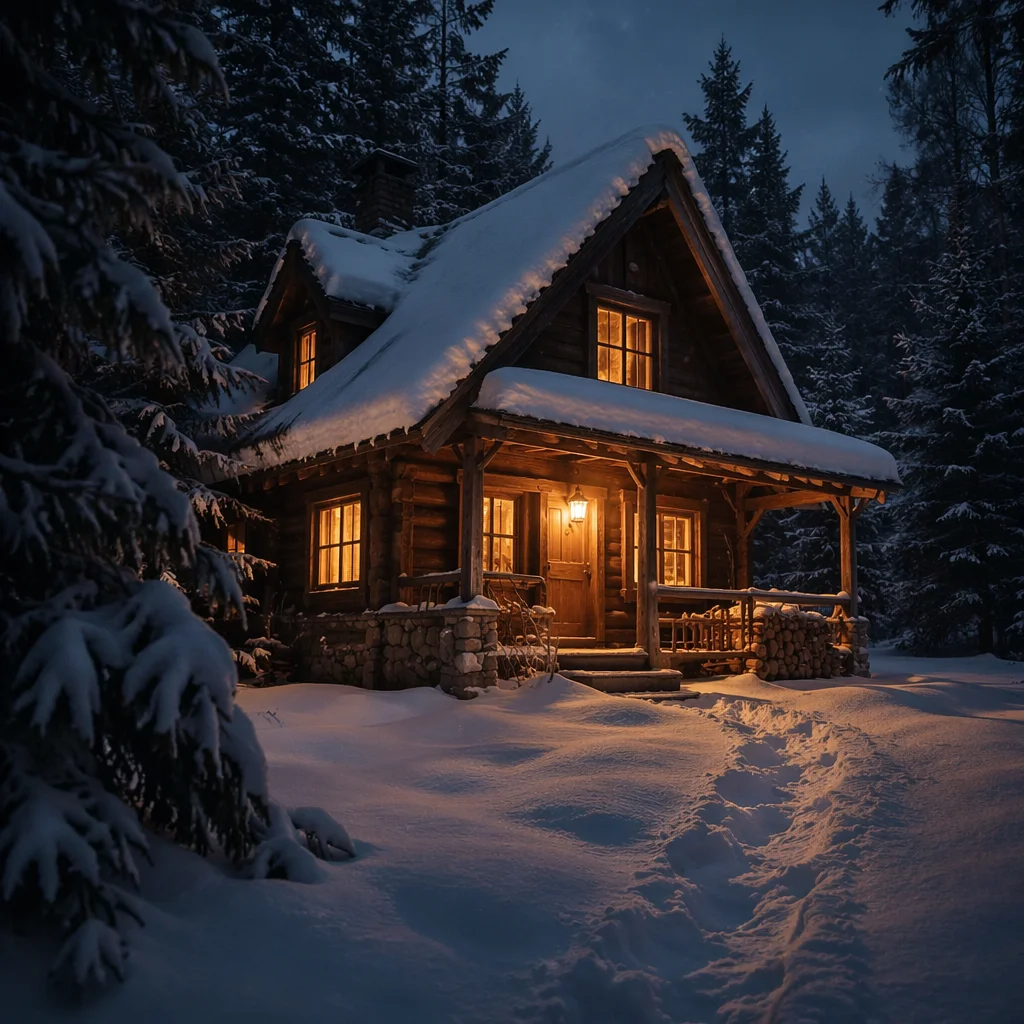 Cozy Snow Covered Cabin at Twilight
