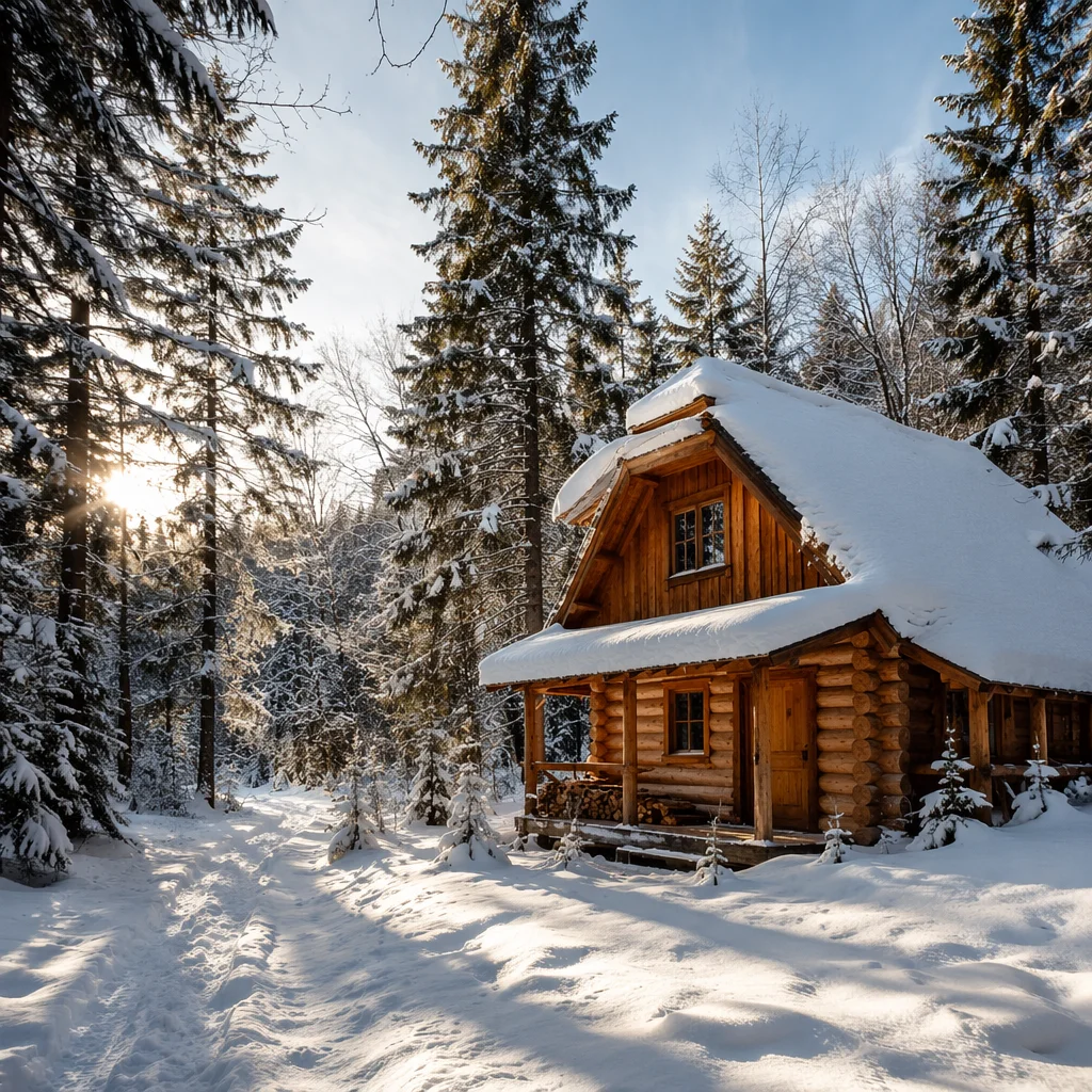 Cozy Snow-Covered Cabin in Winter Woods