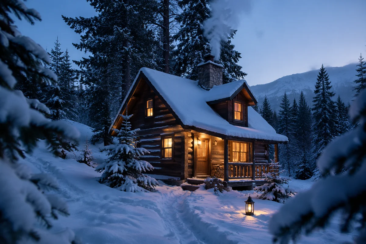 Cozy Snow-Covered Cabin at Blue Hour