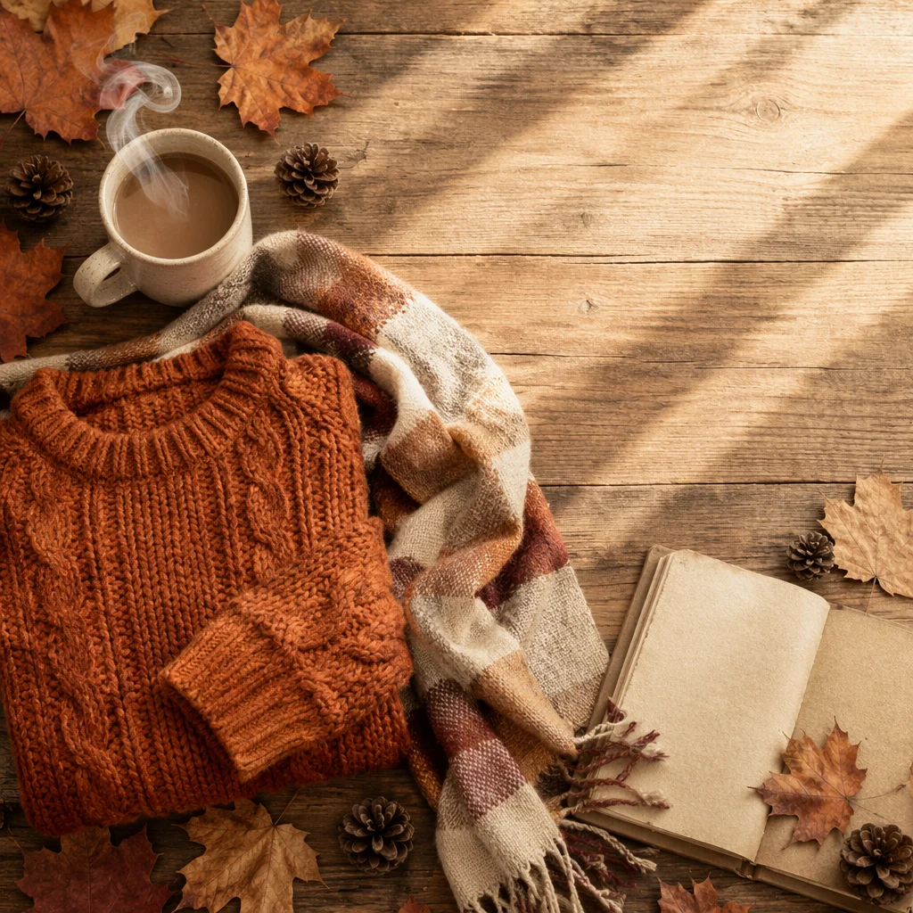 Cozy Autumn Sweater and Scarf Flat Lay