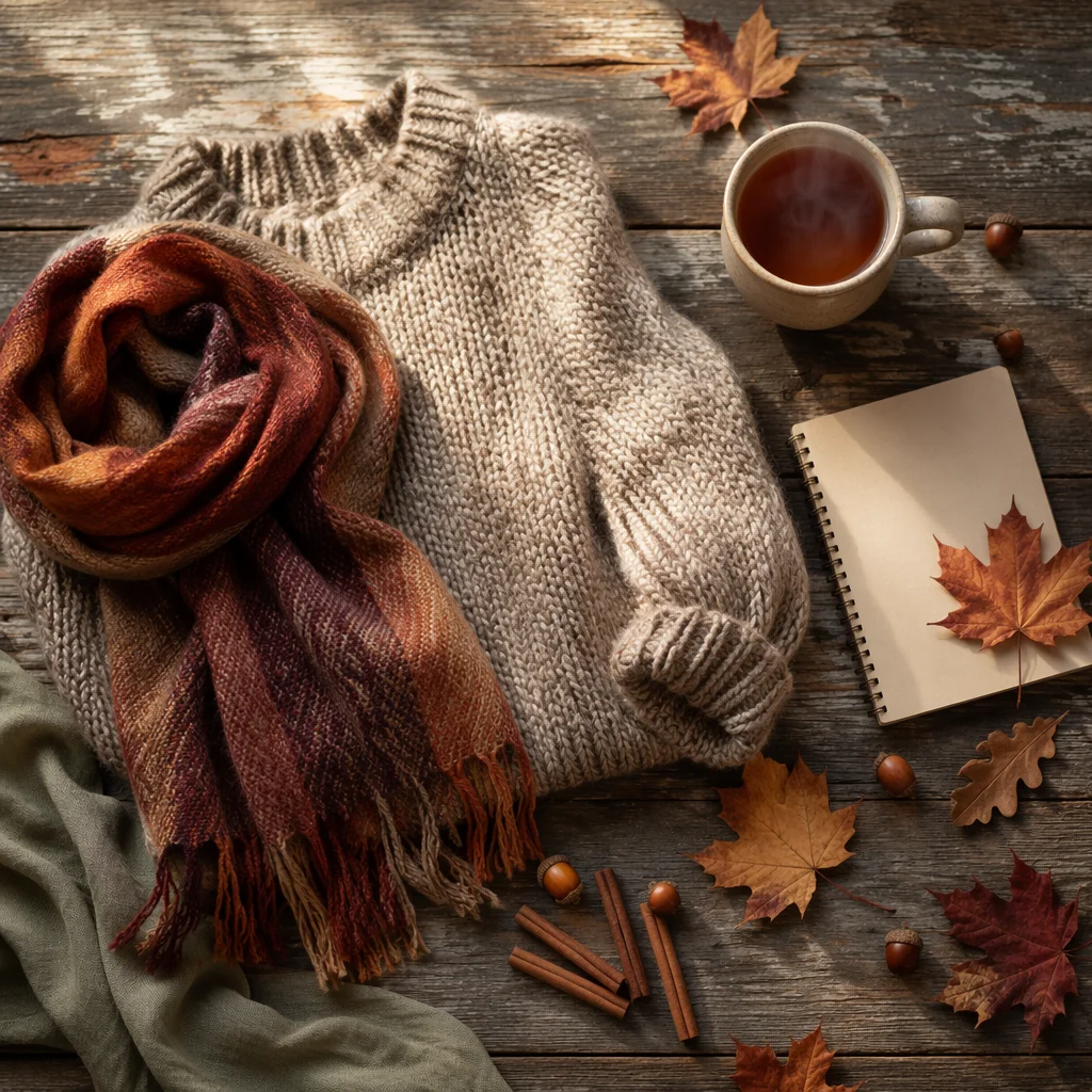 Cozy Autumn Sweater and Scarf Flat Lay