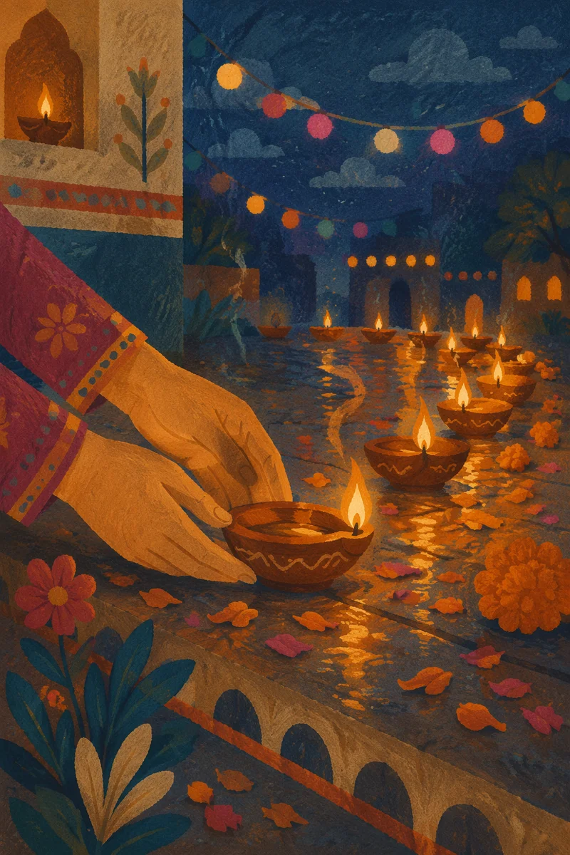 Glowing Diya Lamps at Twilight Festival
