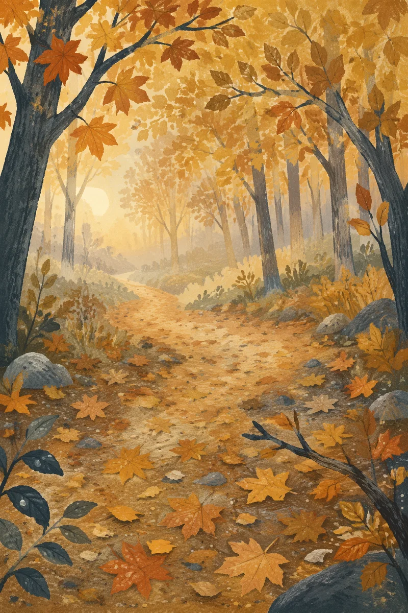 Foggy Autumn Path Beneath Golden Trees