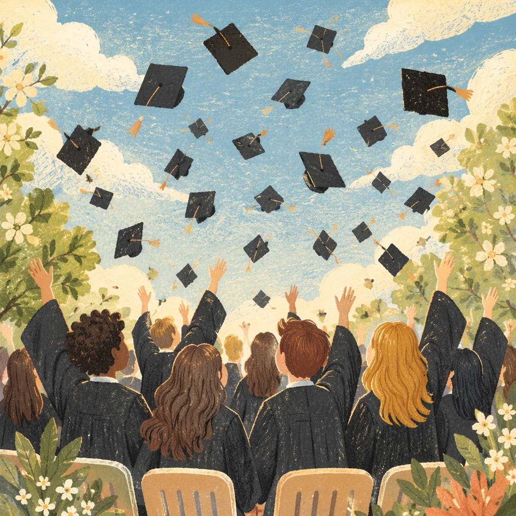 Graduation Caps Soaring Over Spring Campus