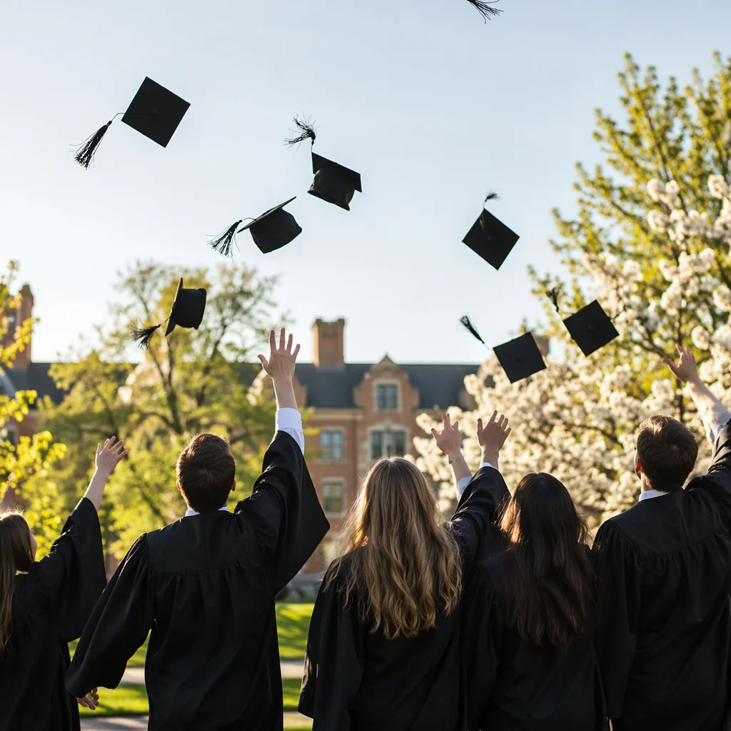 Graduation Caps Soaring Over Spring Campus