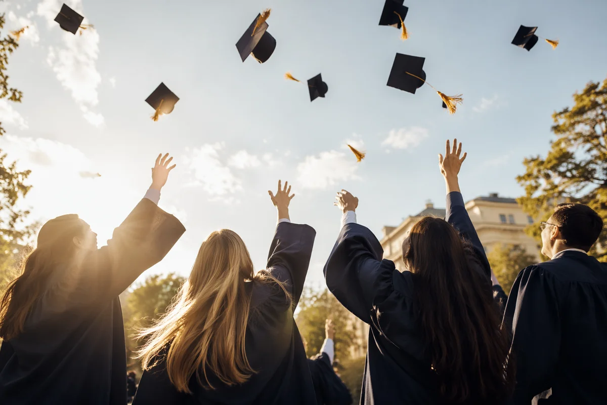 Graduation Caps Flying Over Spring Campus