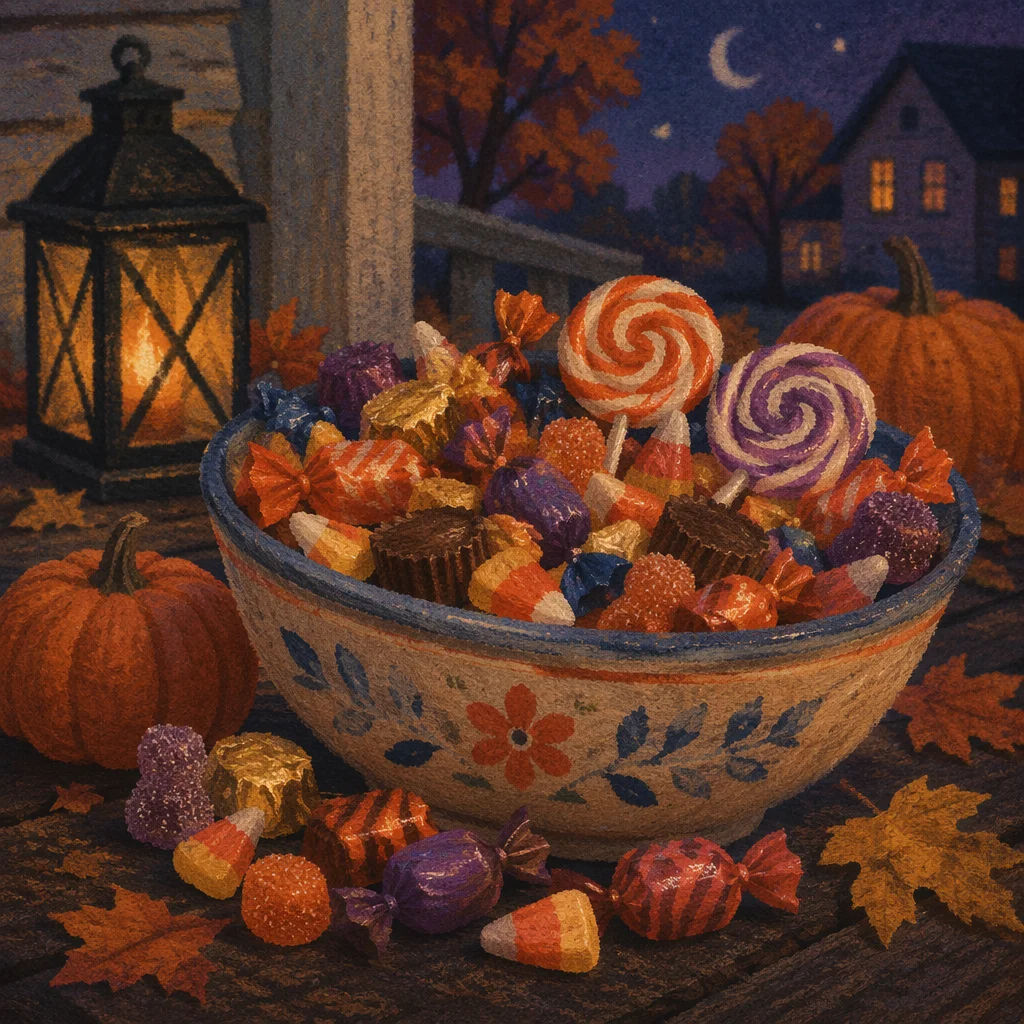 Colorful Halloween Candy Bowl at Dusk