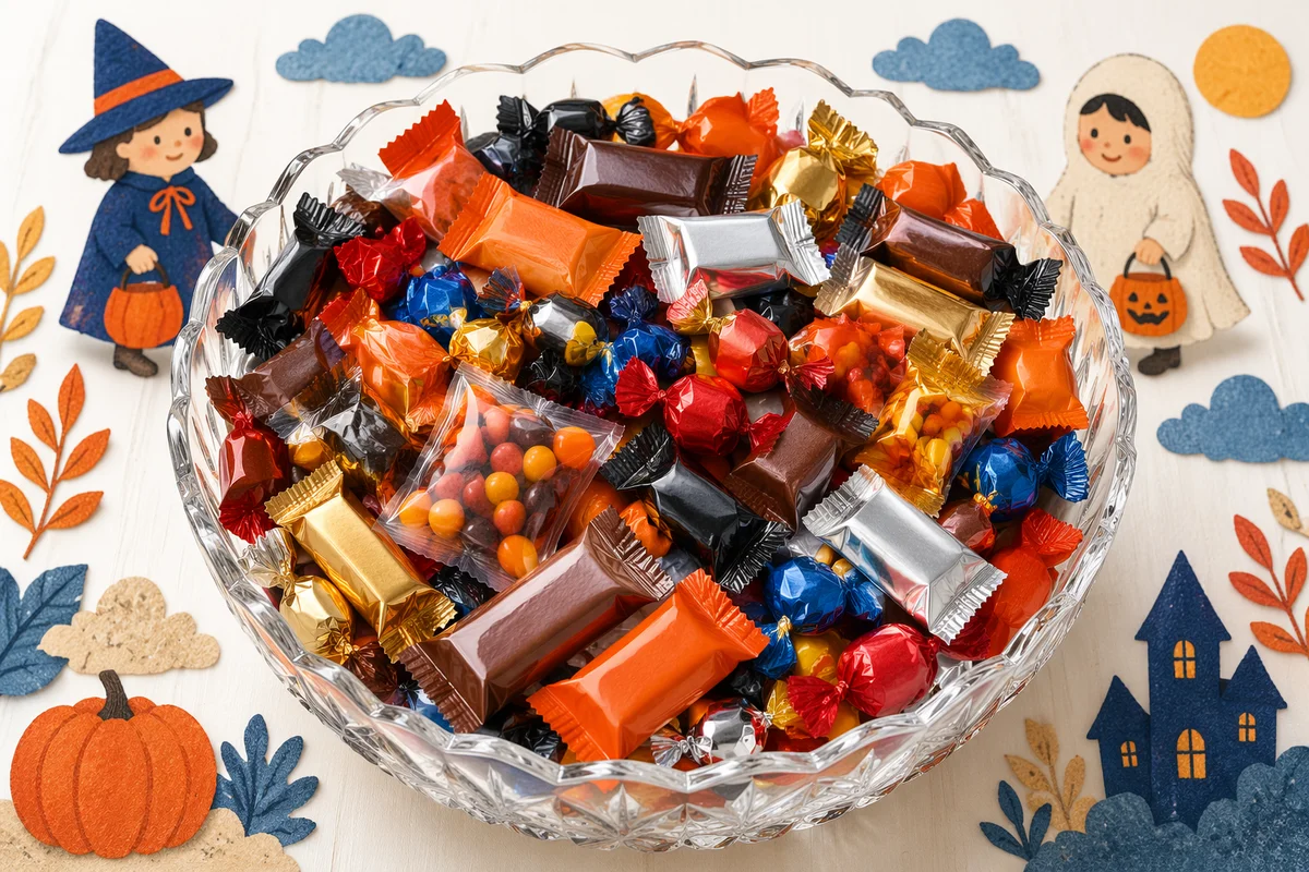 Colorful Halloween Candy Bowl Overhead Scene