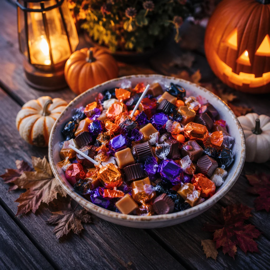 Colorful Halloween Candy Bowl at Blue Hour