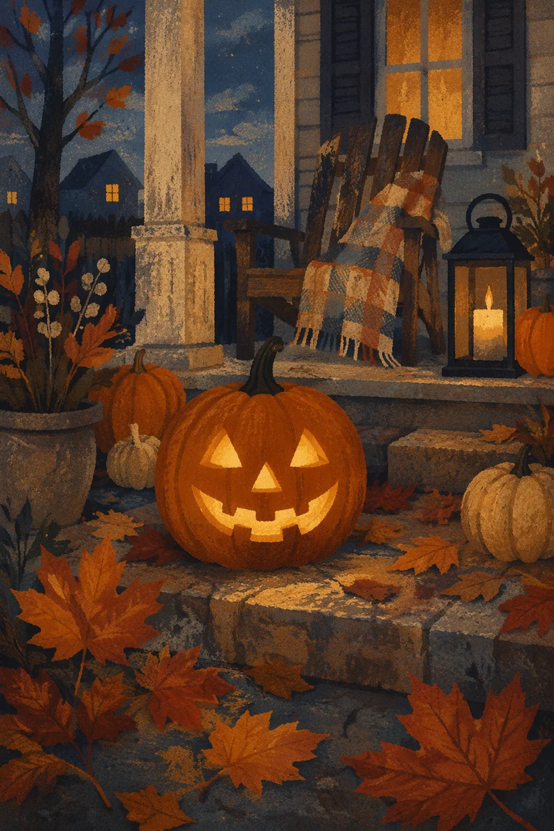 Glowing Jack O Lantern on Autumn Porch
