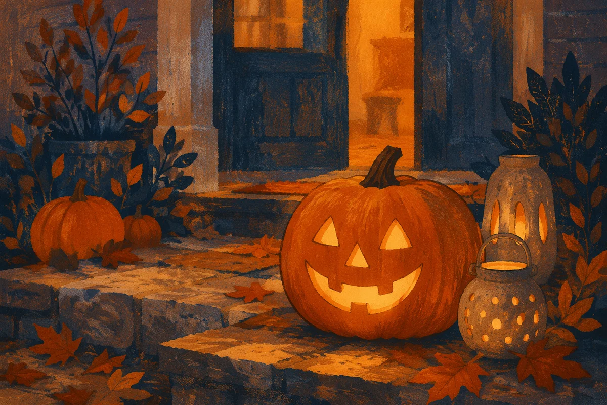 Glowing Jack O Lantern on Autumn Porch
