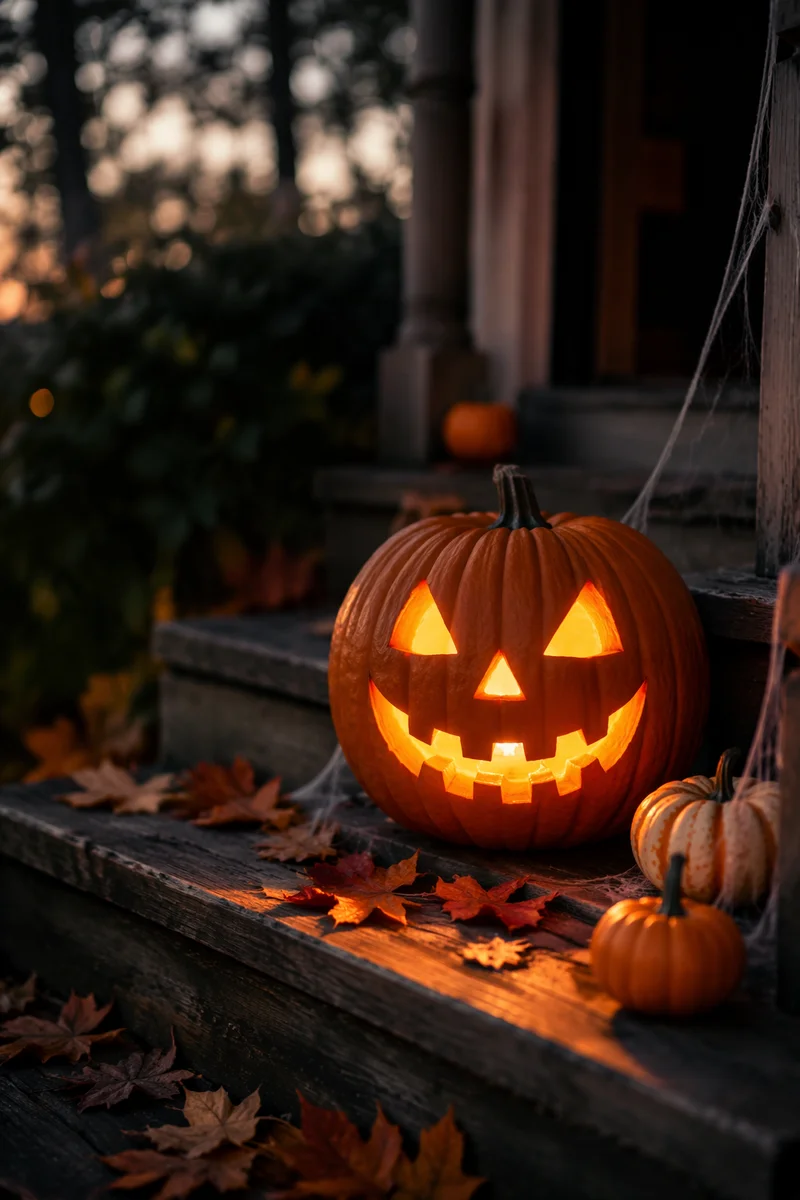 Glowing Jack O Lantern on Autumn Porch