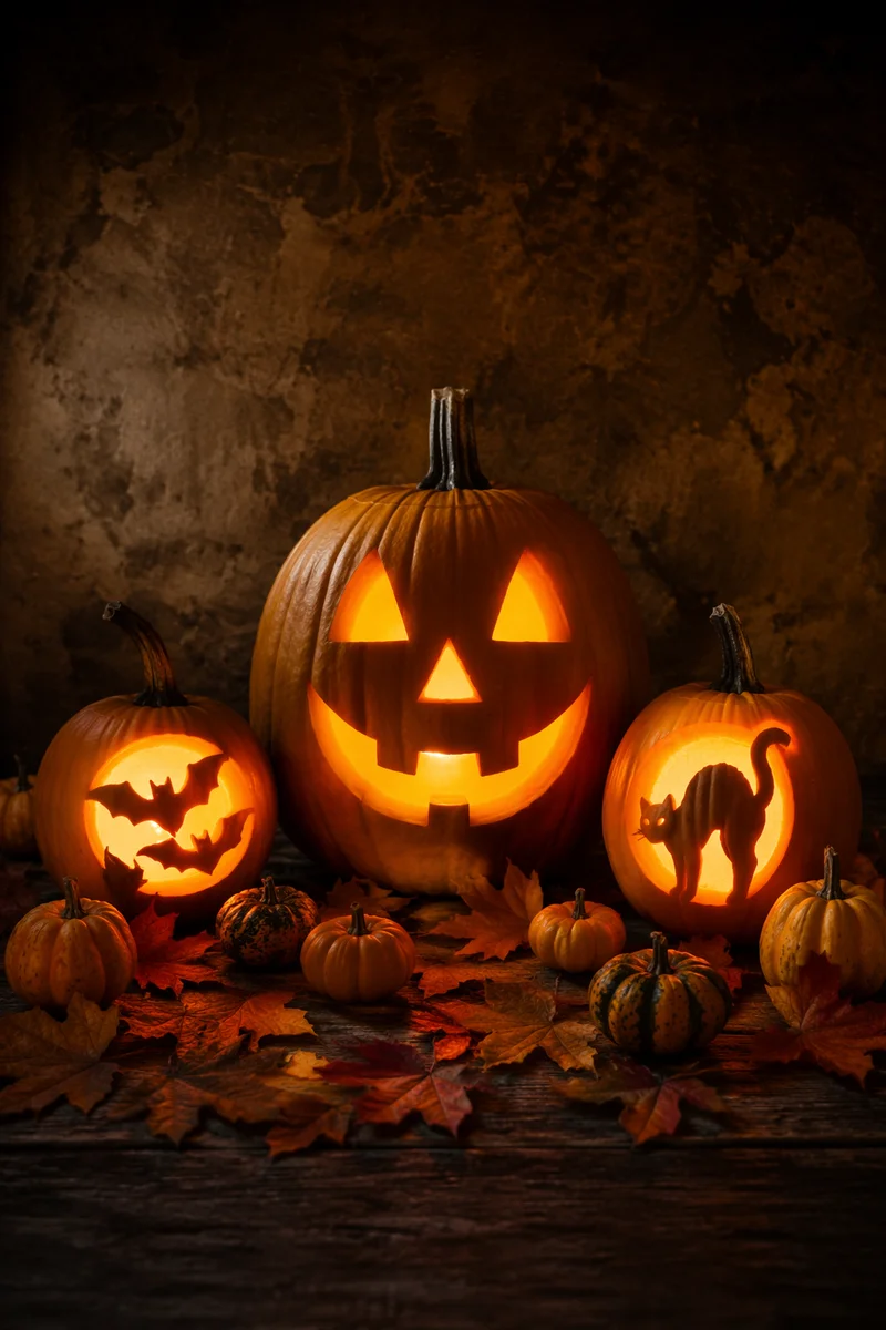 Glowing Jack O Lantern Pumpkin Still Life