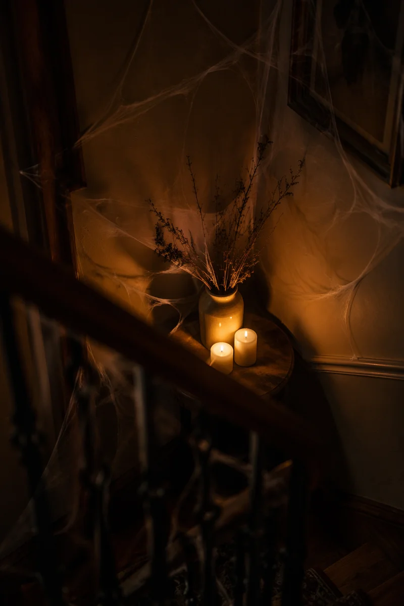 Candlelit Halloween Spiderweb Stair Corner