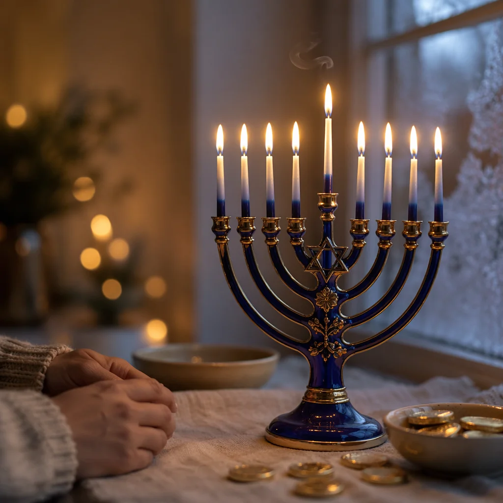 Blue and Gold Hanukkah Menorah at Dusk