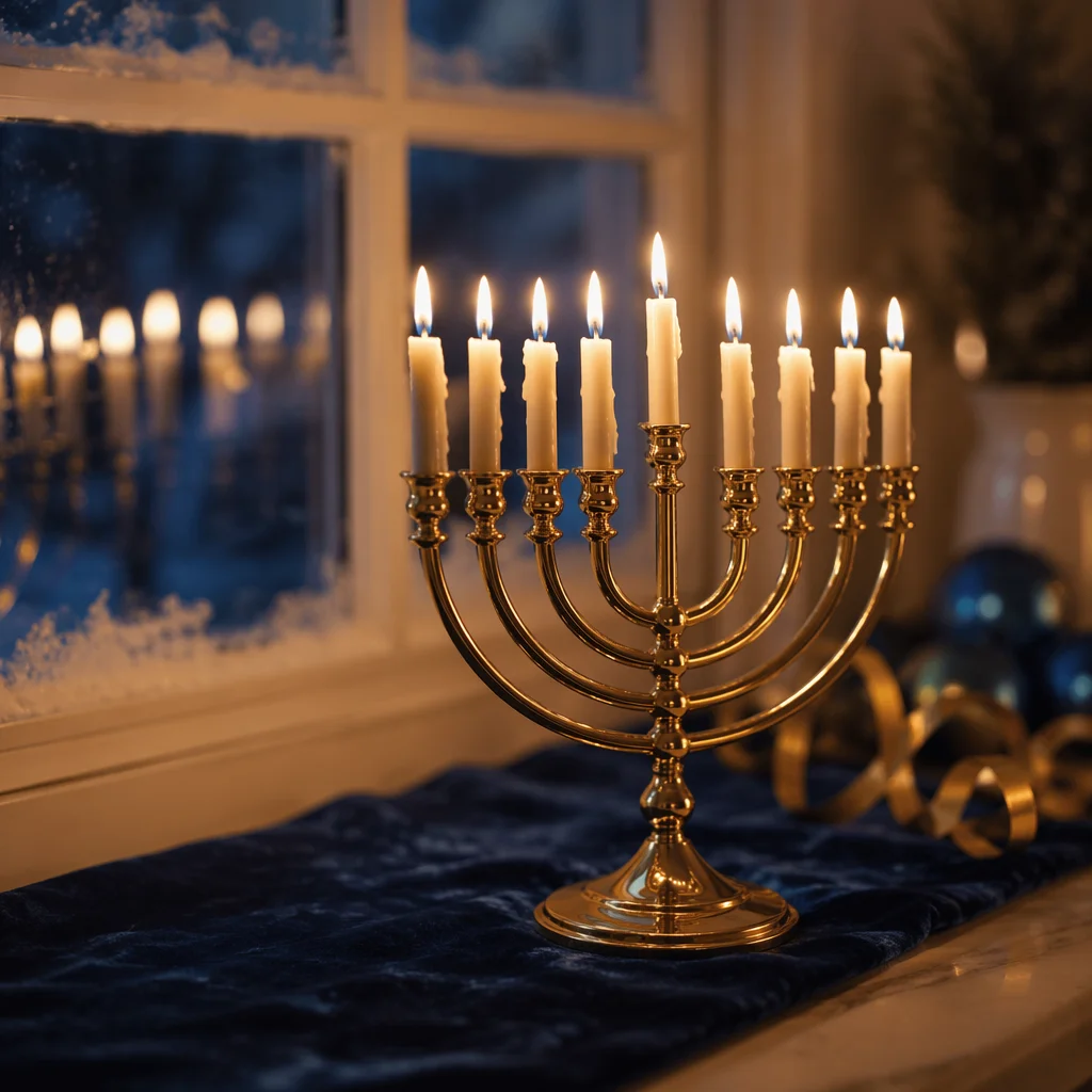 Glowing Gold Hanukkah Menorah on Blue Velvet
