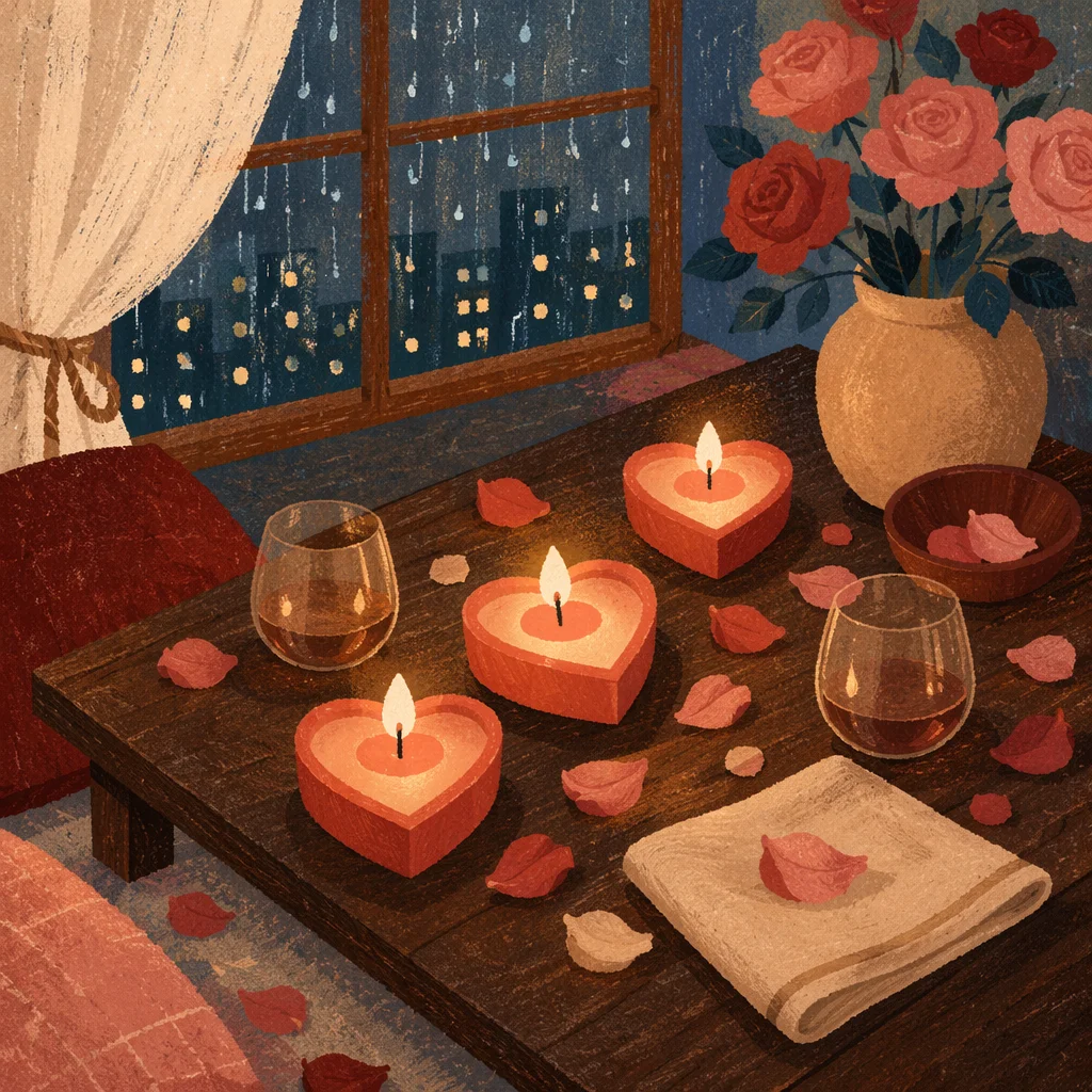 Heart Shaped Candles on Romantic Evening Table