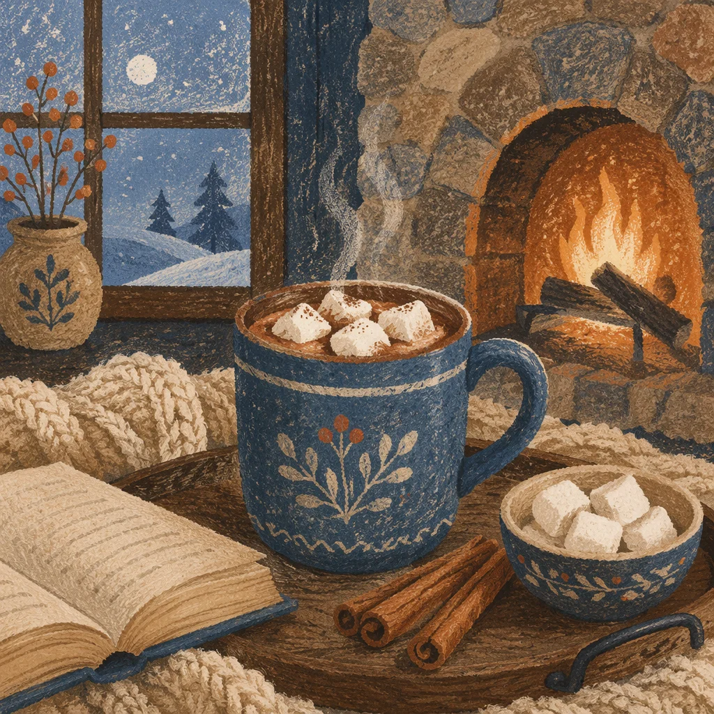 Cozy Hot Chocolate by Winter Fireplace