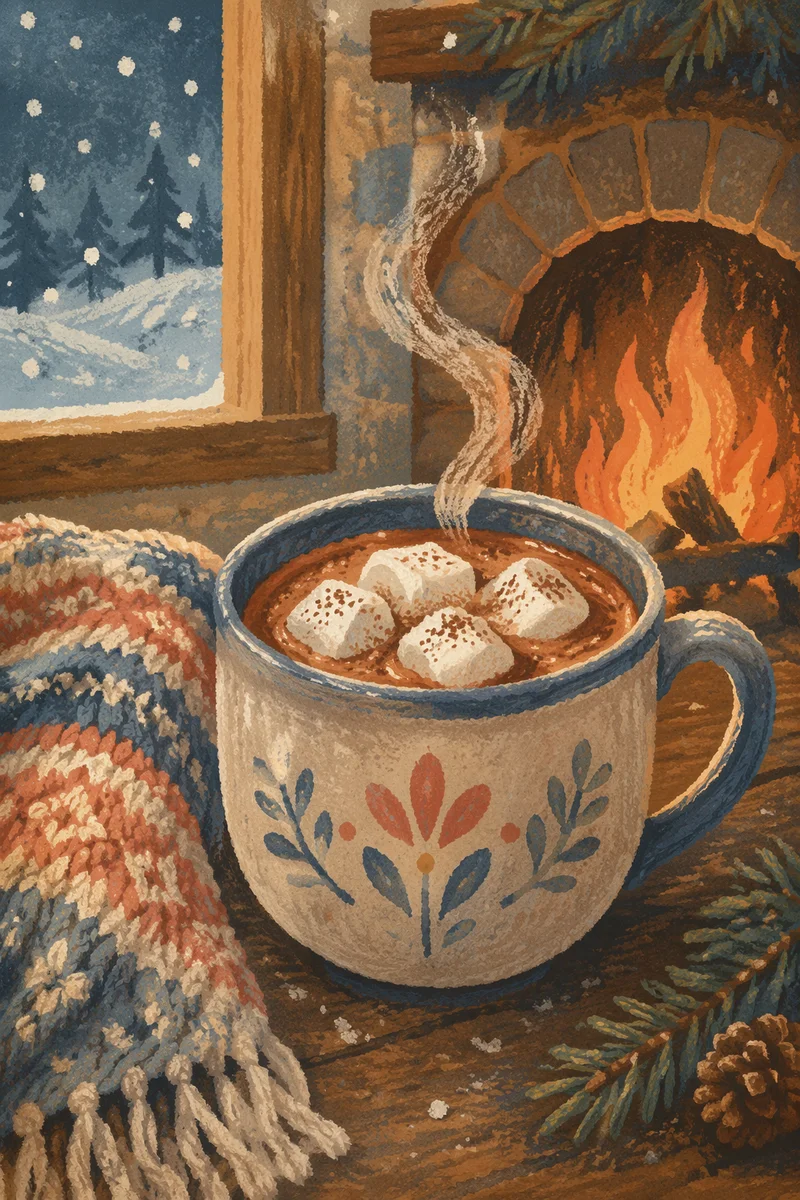 Cozy Hot Chocolate by Winter Fireplace