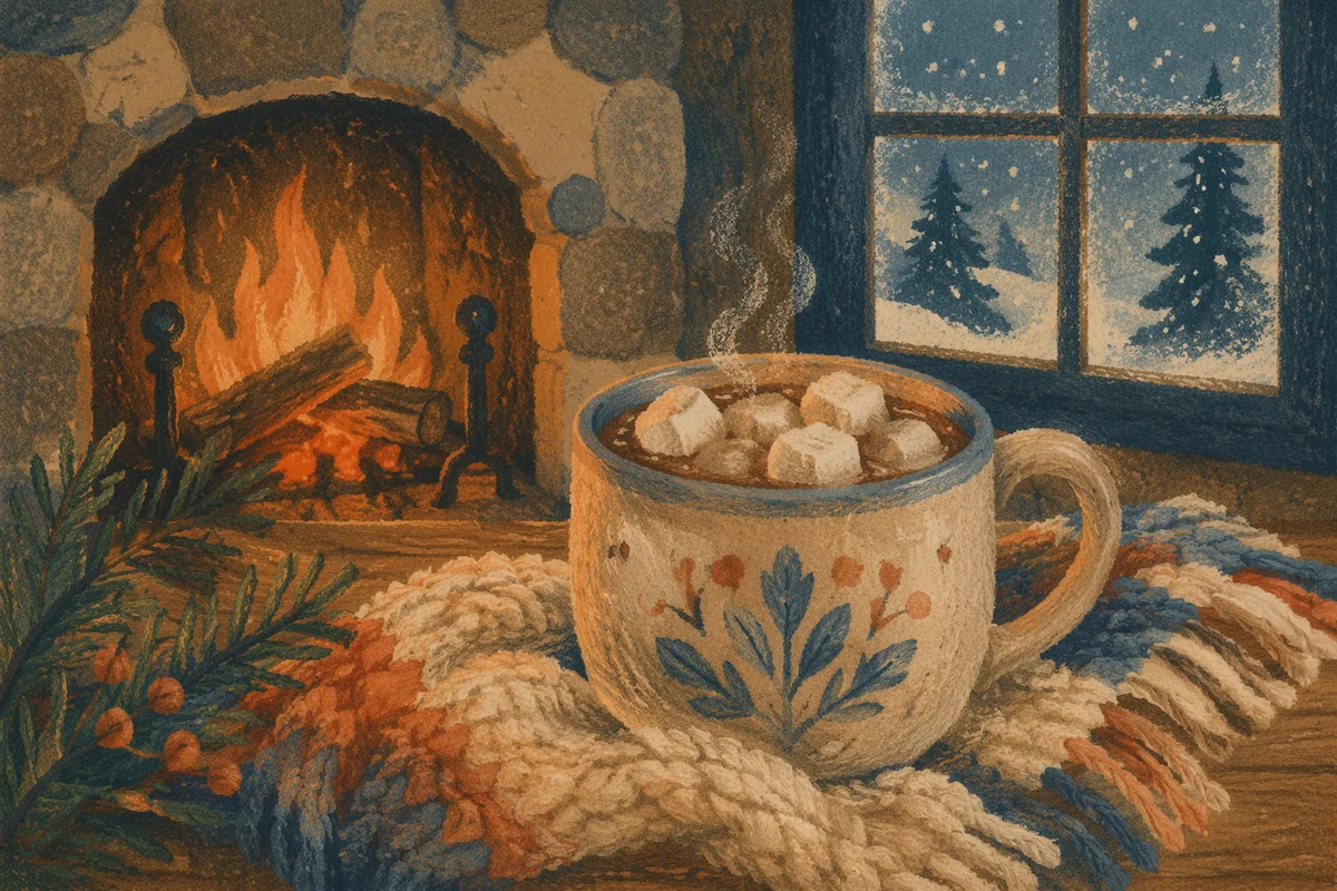 Cozy Hot Chocolate by Winter Fireplace