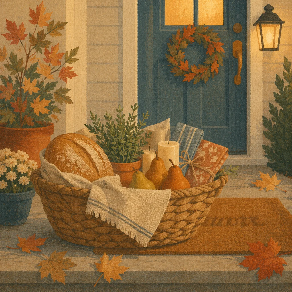 Cozy Housewarming Gift Basket at Doorstep