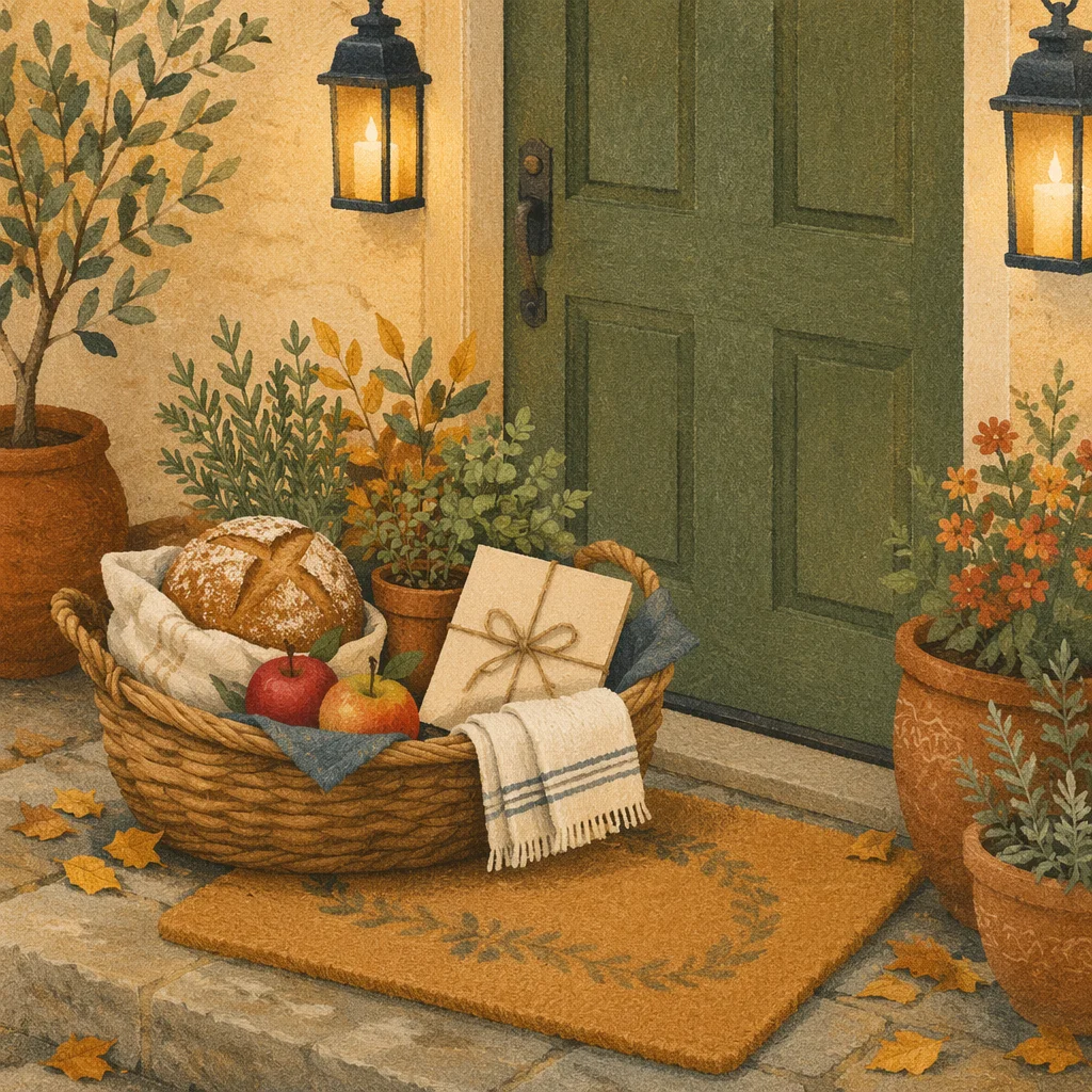 Autumn Housewarming Basket at Welcoming Doorstep