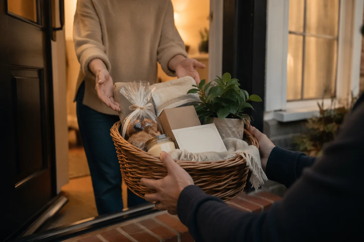 Welcoming Housewarming Basket at Evening Doorstep