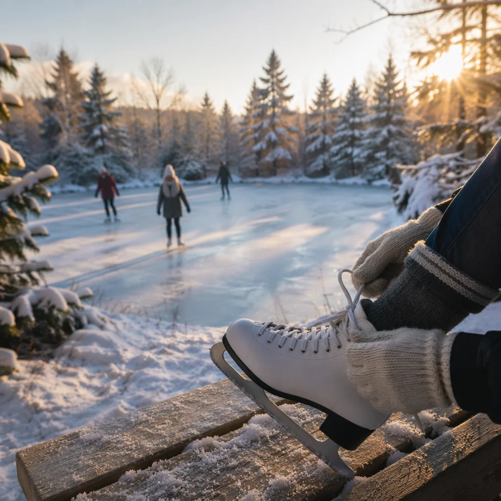 Frozen Pond Ice Skating at Sunset