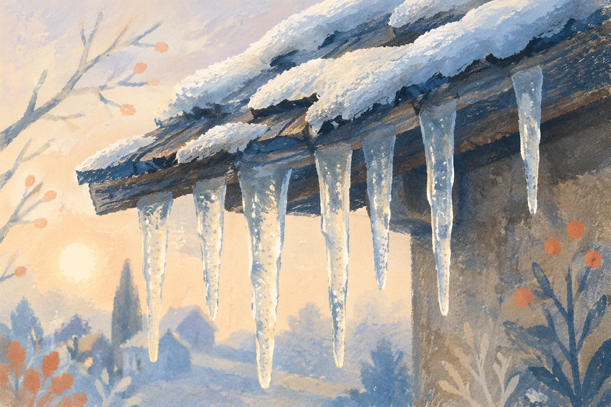 Close-Up Winter Icicles on Rustic Roof