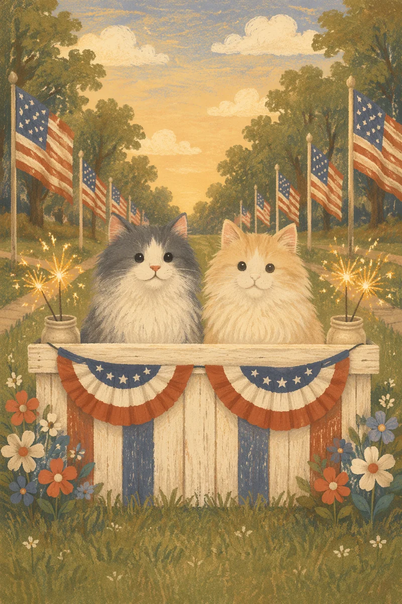 Patriotic Cats with Sparklers and Flags