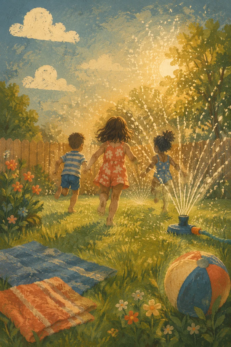 Children Running Through Summer Garden Sprinkler