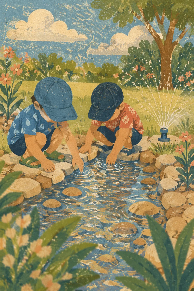 Children Playing by Summer Garden Sprinkler