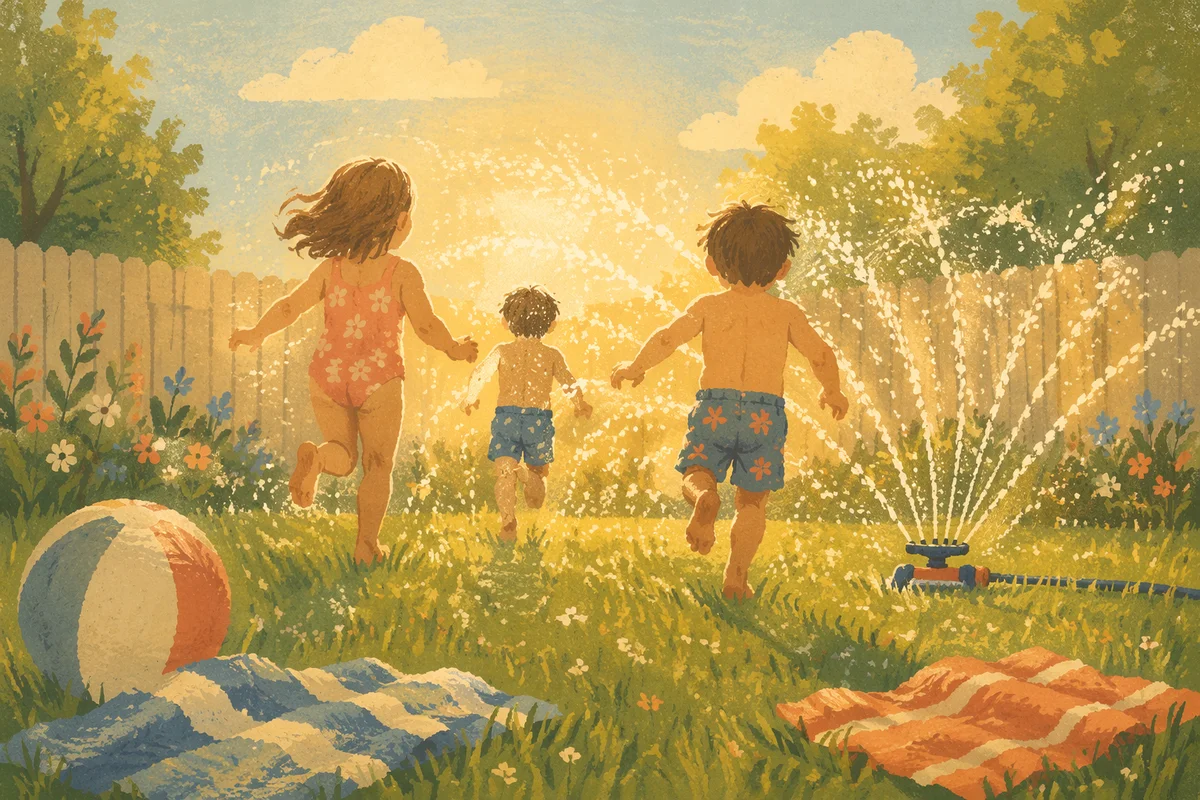 Children Running Through Summer Garden Sprinkler
