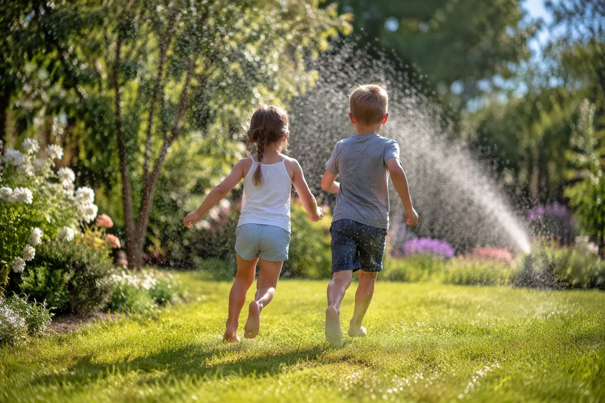 Children Playing in Garden Sprinkler Sunshine