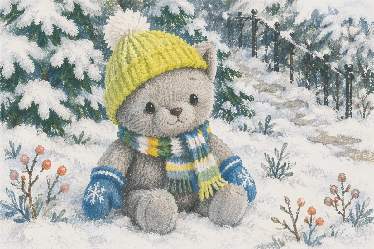 Colorful Knitted Mittens in Winter Snow