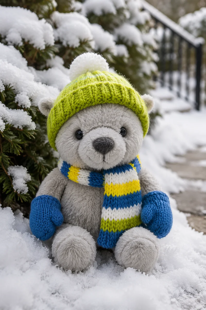 Colorful Knitted Mittens in Winter Snow