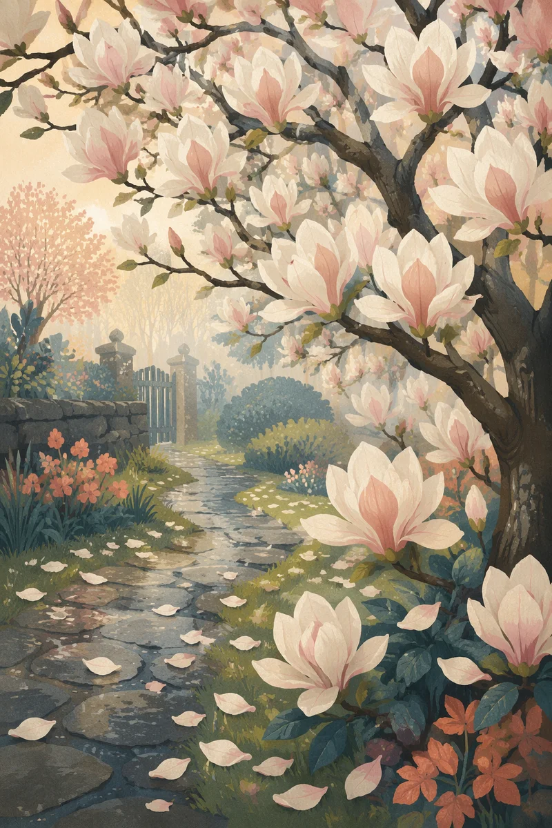 Blooming Magnolia Tree Over Spring Garden Path