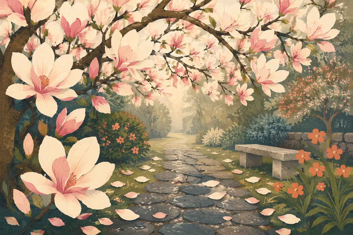 Blooming Magnolia Tree Over Spring Garden Path
