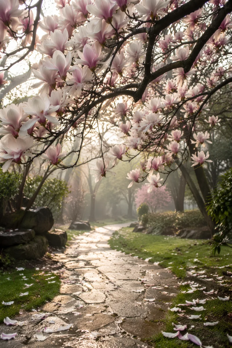 Magnolia Tree Blossoms Over Spring Garden Path