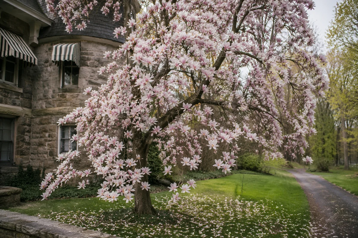 Blooming Magnolia Tree in Spring Garden