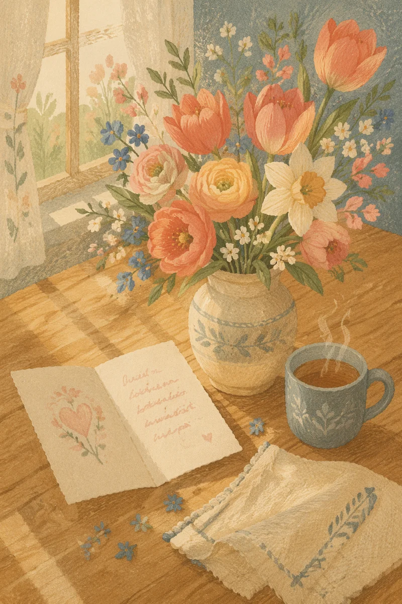 Mothers Day Flowers and Card Table Scene
