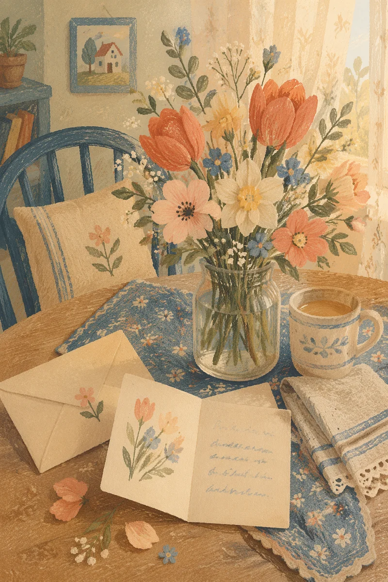 Mothers Day Flowers and Card Table Scene