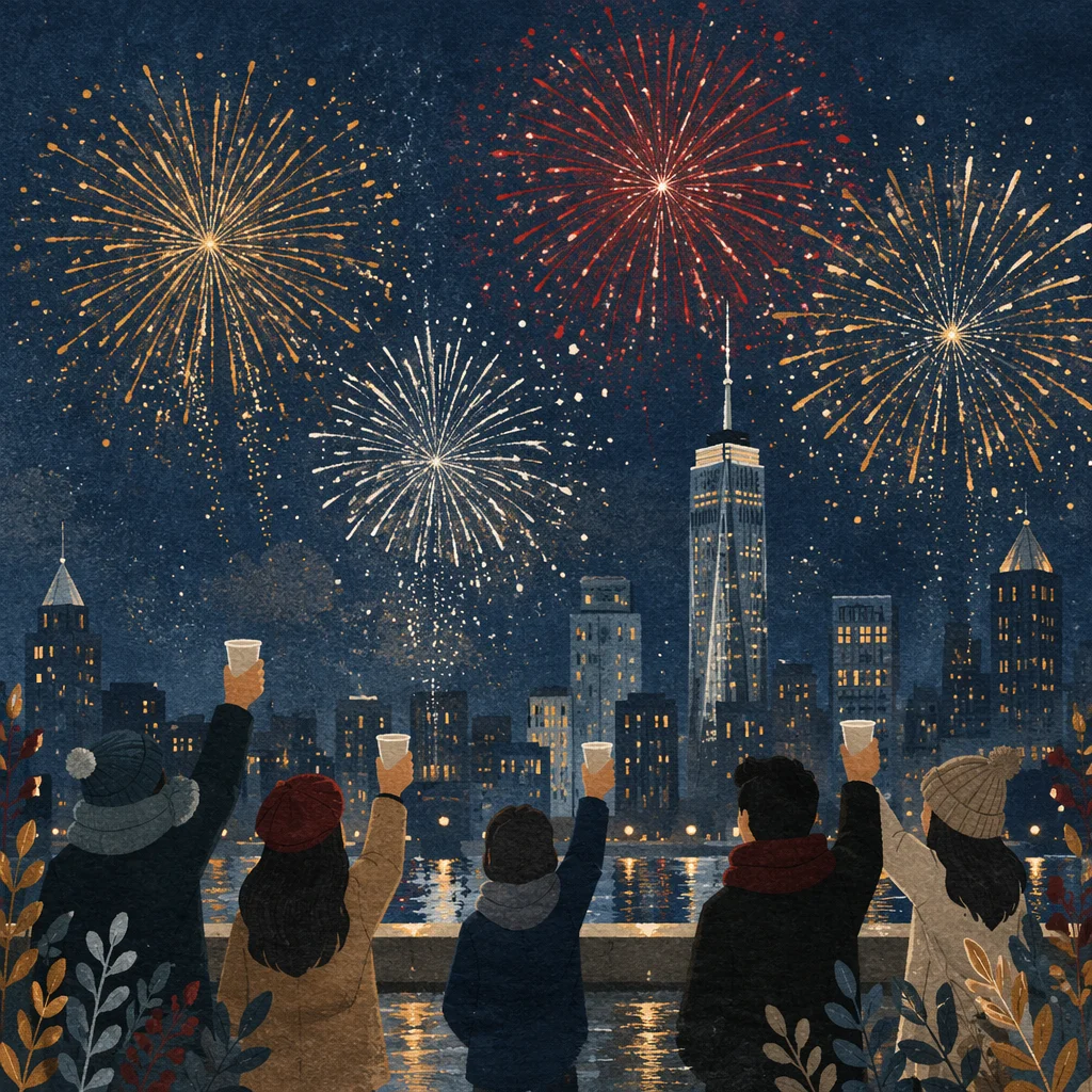 New Year Fireworks Above City Skyline