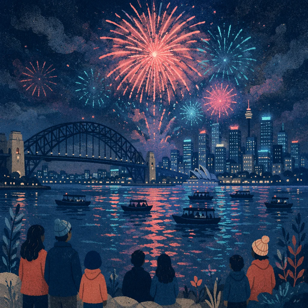 New Year Fireworks Over Harbor Skyline