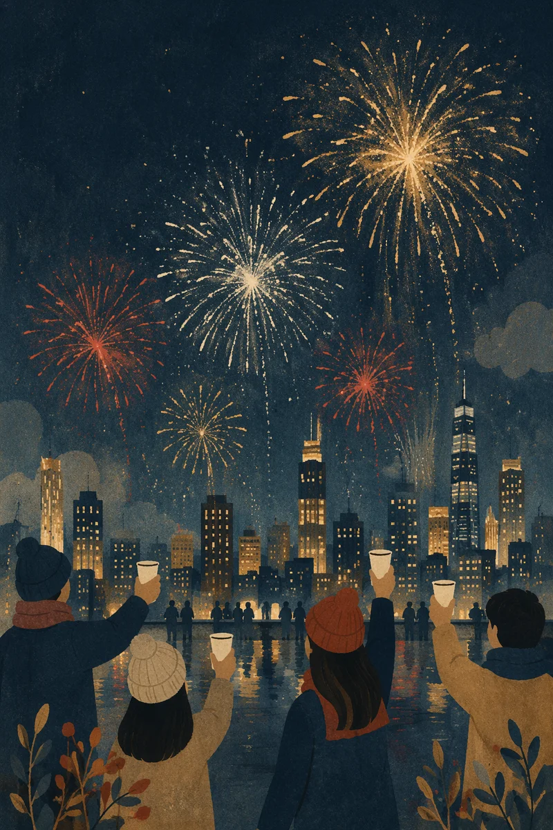 New Year Fireworks Over City Skyline