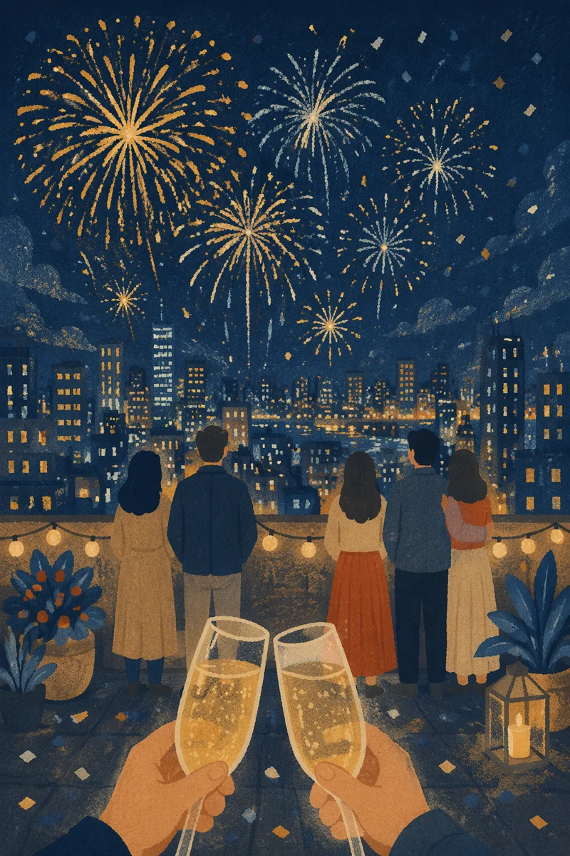 New Year Fireworks Over City Skyline