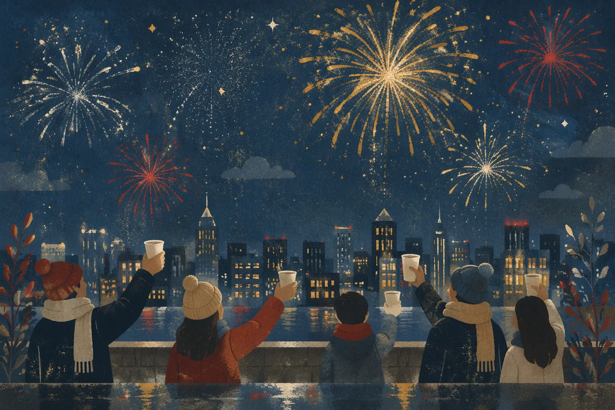 New Year Fireworks Above City Skyline