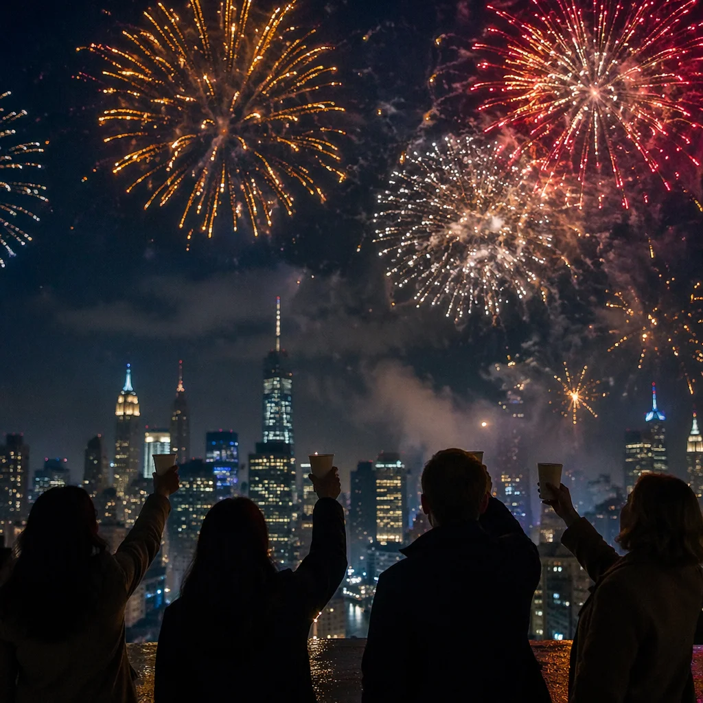 New Year Fireworks Over City Skyline